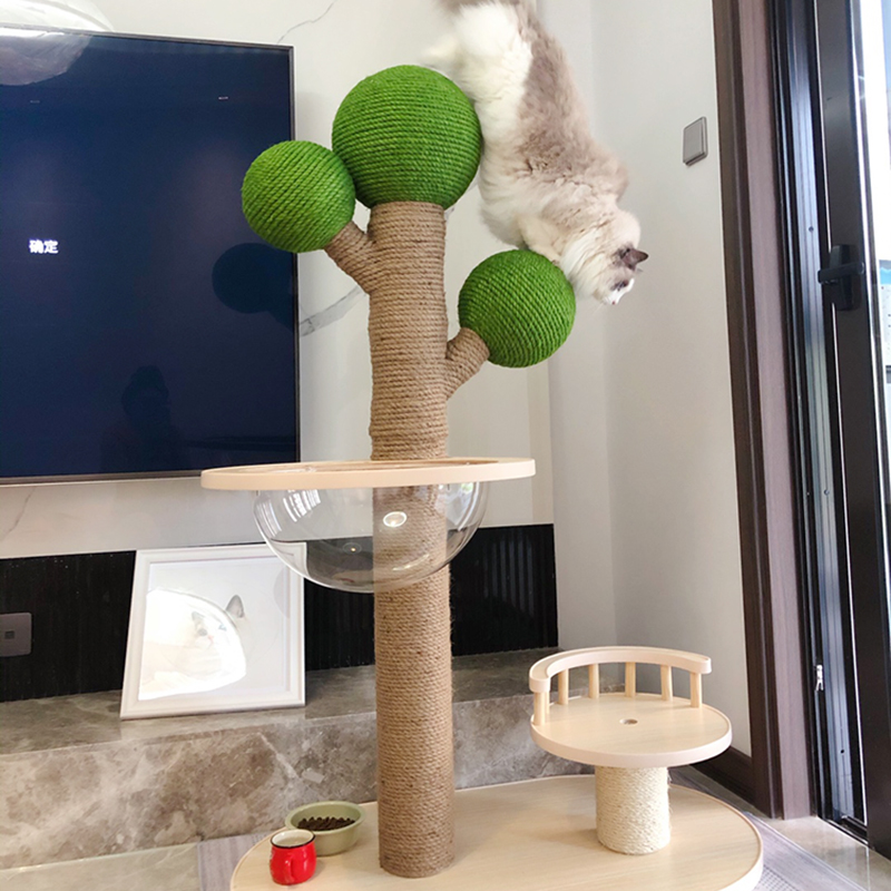 High pavilion Jun cat tree ball net Red cactus cat climbing frame Solid wood cat platform Grab column Cat nest one large cat supplies