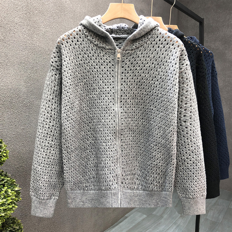 Casual Style Men's Autumn and Winter New Ripped Hollow-Out Design Hooded Knit Sweater Cardigan Jacket Trendy Brand