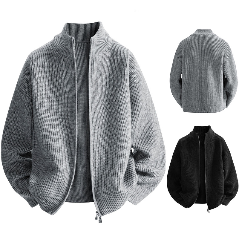 Stand Collar Men's New Design Cardigan Knitwear Sweater High-End Lazy Style Double Zipper Autumn and Winter Sweater