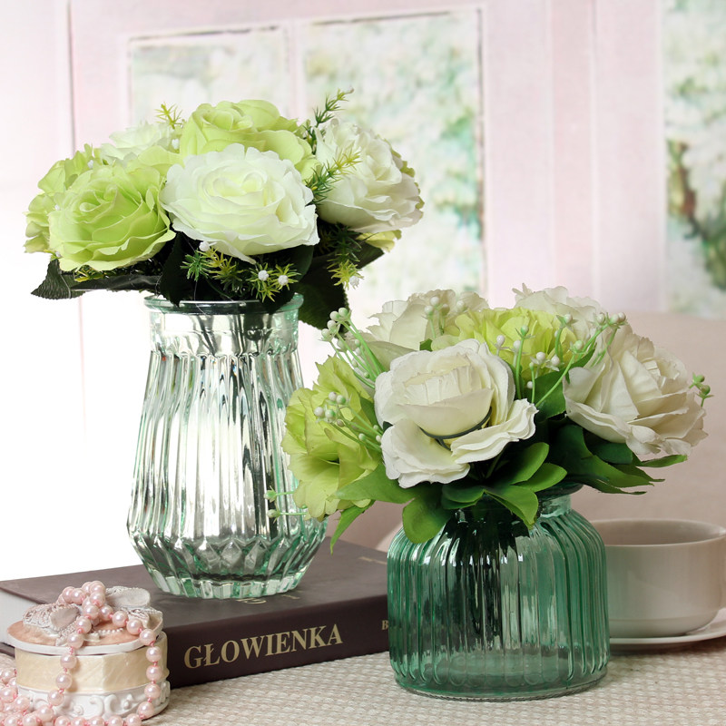 Color Vertical Stripe Glass Vase Hem Fresh Living Room Bedroom Office Desktop Decorative Vase Floral Furnishing