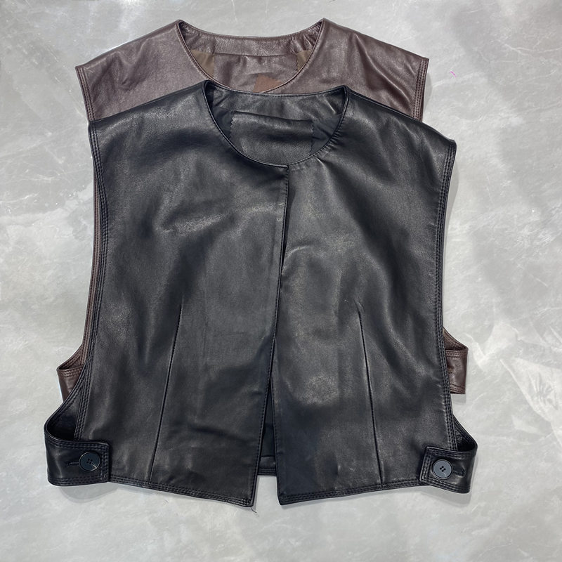 2025 New Fashion Minimalist Style Genuine Leather Vest Women's Sheepskin Short Slim Fit Easiest for Match Sleeveless Waistoutwear