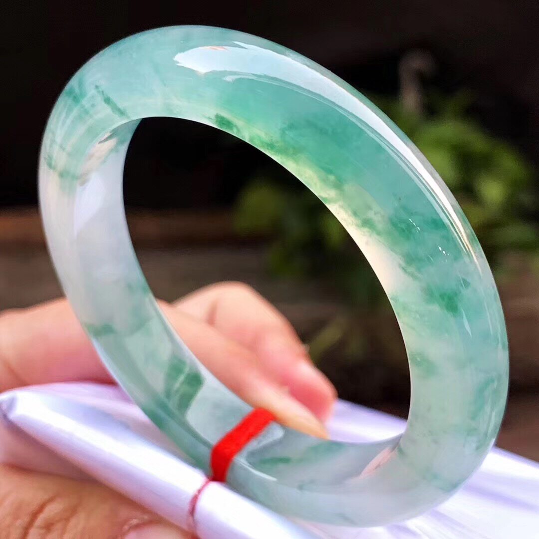 Ice species floating flower jade bracelet Myanmar a raw stone wide version floating sun green jade bracelet Clear green jade bracelet female
