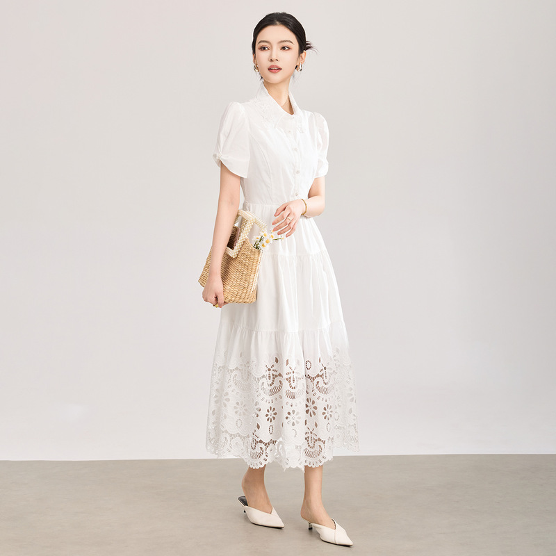 Pure Cotton French-Style Gentle and Forest-Like White Dress with Hollow Embroidery, Water-Soluble Lace, Artistic and Age-Reducing Mid-Length Dress