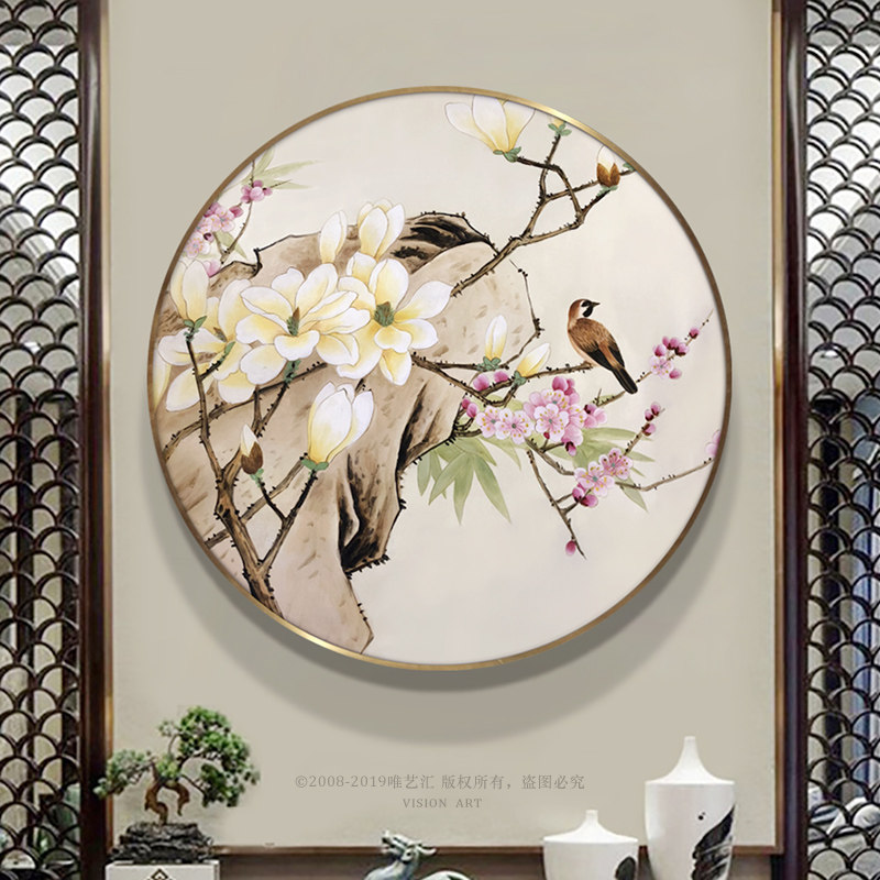Weiyihui hand-painted decorative painting meticulous painting new Chinese style mural living room hanging painting Chinese style round flower and bird oil painting