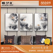 Hand-painted oil painting Lotus rhyme new Chinese ink painting Lotus Chinese style living room sofa background triptych Bedroom painting Zen