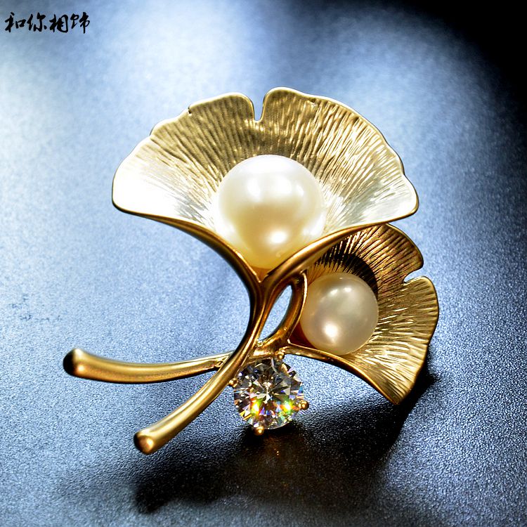 Ngọc trai tự nhiên cao cấp zircon nhỏ trâm cài nữ bạch quả lá pin áo trang trí cổ áo cardigan khăn choàng khóa cài áo