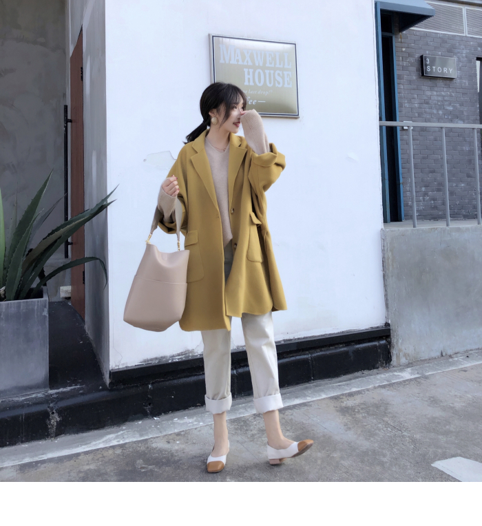 Anna home 2018 mùa đông mới phù hợp với cổ áo áo hai dây trong đoạn dài cổ điển đơn giản áo khoác len nữ áo bomber nữ