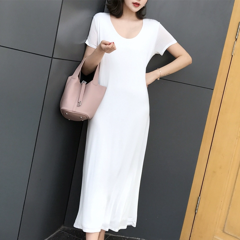 ANNA nhà mùa xuân và mùa hè sản phẩm mới thiết kế đơn giản mượt mà cạnh vườn thiết kế cổ áo thiết kế áo thun váy dài váy trắng của phụ nữ - Sản phẩm HOT