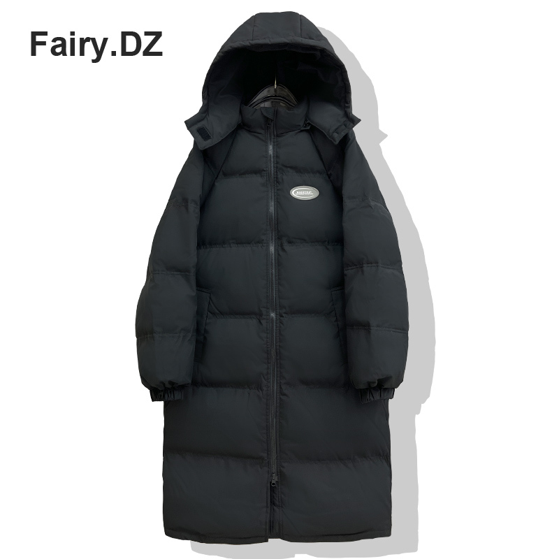 Korean Style down Jacket for Women, Black, Long, Over-The-Knee, Casual, Preppy Style, Mid-Length, Duck Down, Thickened, 2025 Winter New Model