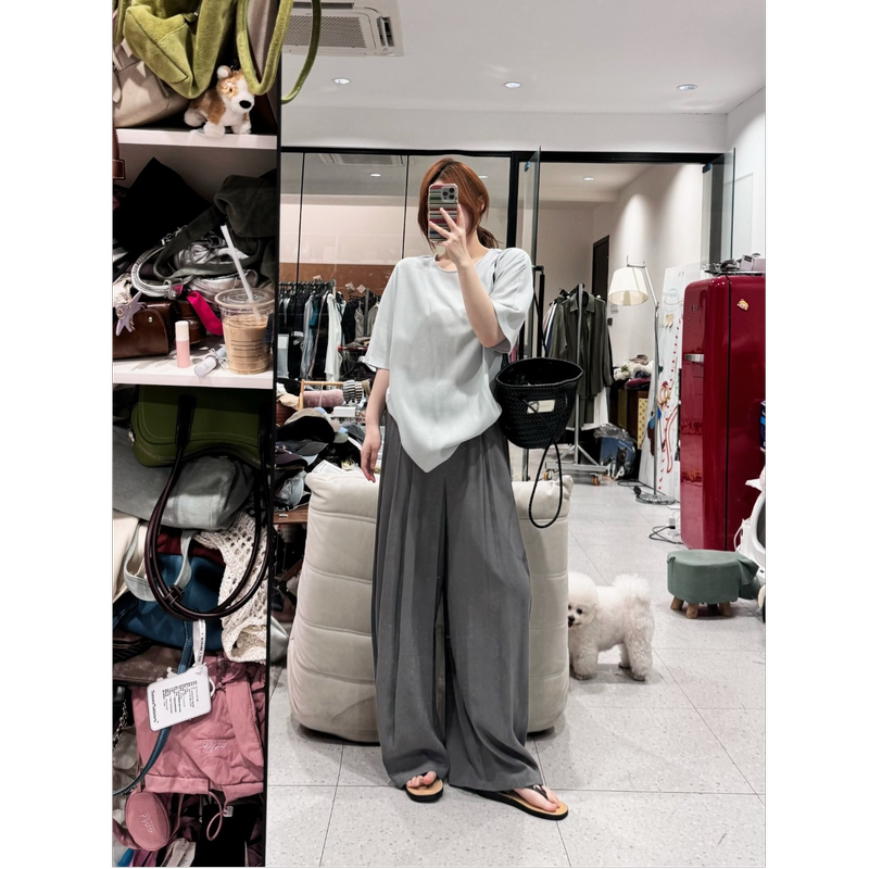 Leilei【Relaxed Fit】Korean-Style Versatile Solid Color Round-Neck Short-Sleeve Top + Relaxed Elastic High-Waisted Casual Pants
