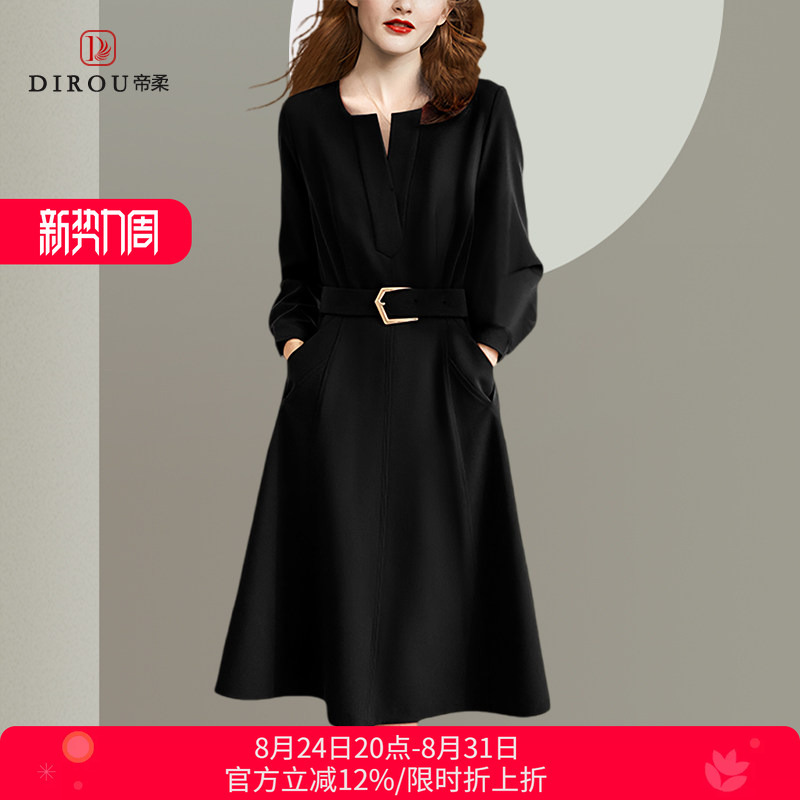 Dirou Dirou Black Dress 2026 Autumn Pullover High-Waisted Casual Belt Simple Plus Size Slimming Workwear