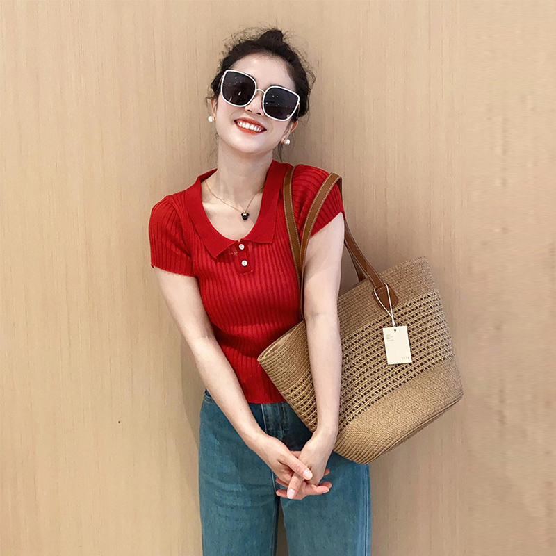 Retro Hong Kong Style Red Knitted Ice Silk Short-Sleeved Polo Shirt Women's T-Shirt Summer Right-Shoulder Slim Fit Short Top