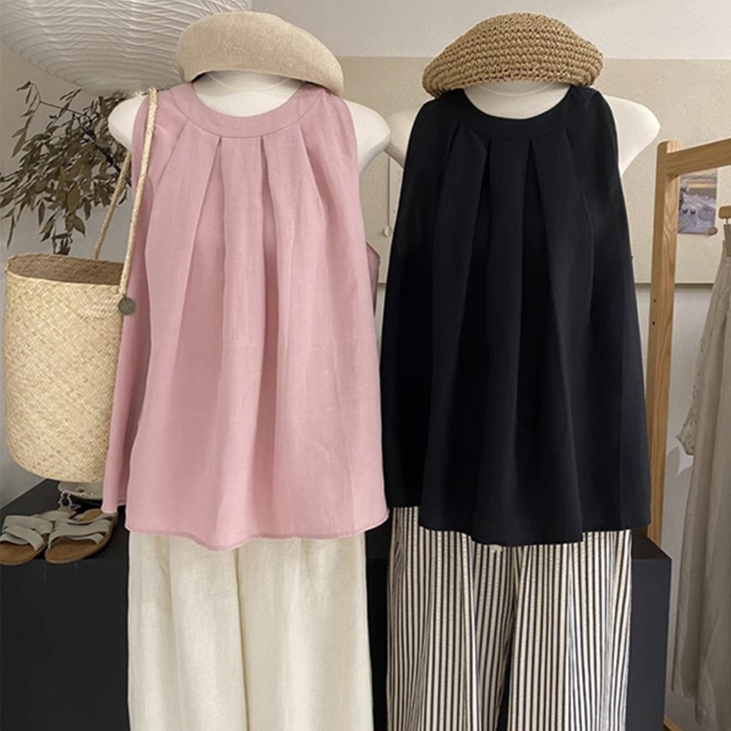 French-Style Unique and Beautiful Pink Sleeveless Linen Shirt for Women, Summer Chic Age-Reducing Babydoll Halter Top