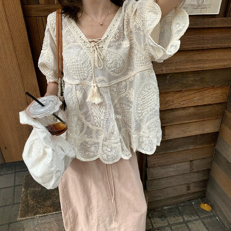 French Bohemian Style Lace Jacquard Shirt for Women, Summer Lace-Up V-Neck Ramie Blouse, Unique and Fairy-Like Top