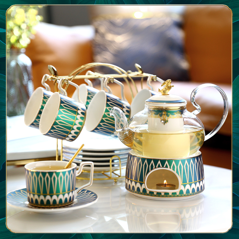 European style ceramic afternoon tea tea set light luxury flower fruit tea cup fruit glass flower teapot candle heating