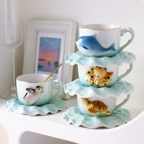 Морской милый изысканный керамический кофейный детский комплект, трендовая чайная чашка