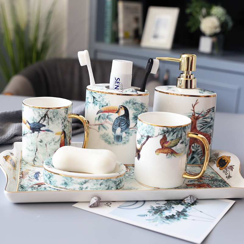 Light Luxury Ceramic Bathroom Five-Piece Toiletry Set, Bathroom Household Toilet Washing and Rinsing Cup Set with Tray
