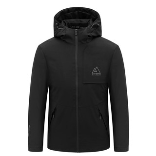 Men's Winter Hooded Cotton Jacket with Cut Label, Black, Youth Fashion Casual Solid Color Letter Zipper Coat 1341