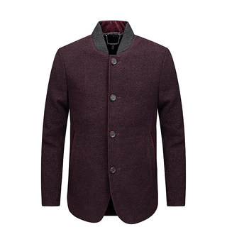 Niaojia Shearling Wool Coat for Men, Autumn and Winter Style, Stand-Up Collar Jacket, Dark Red Business Casual Young Men's Top 97614