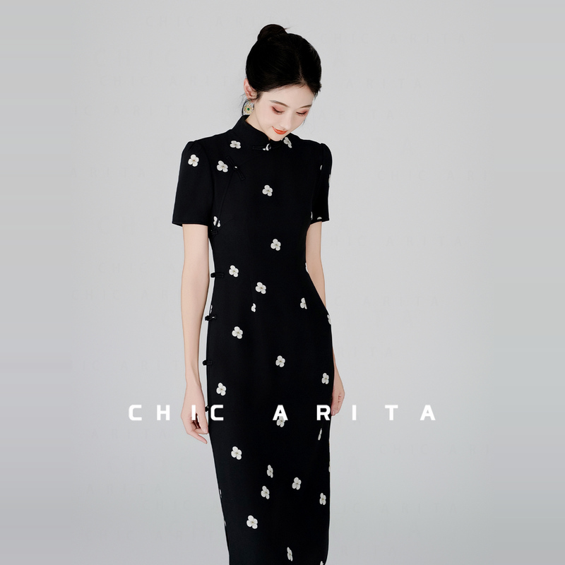 Chic Arita Double-Layer 6A Grade 100% Mulberry Silk Improved Cheongsam Dress 30mm Heavy Crepe Chinese Long Dress