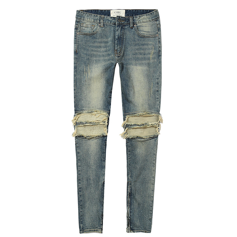 高街BIKER破坏机车男士修身小脚裤磨破牛仔裤GD同KANYE牛仔长裤潮