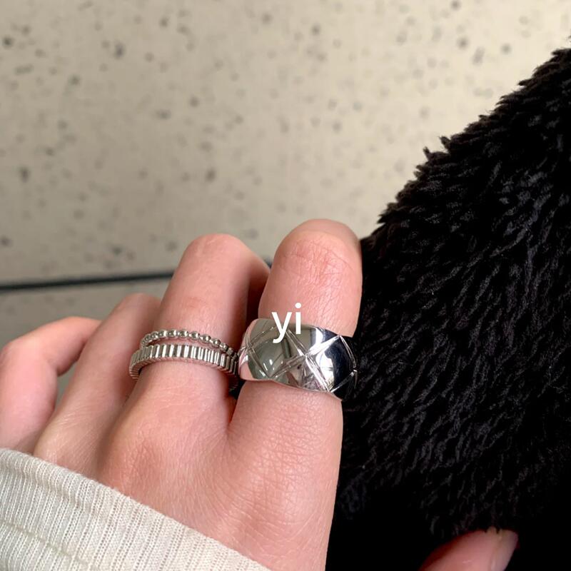 925 Silver Satin-Plated Ring with Stripes, Simple Brushed Plain Band, Non-Fading, Couple Stacking Rings, High-End Plain Gold Ring ins