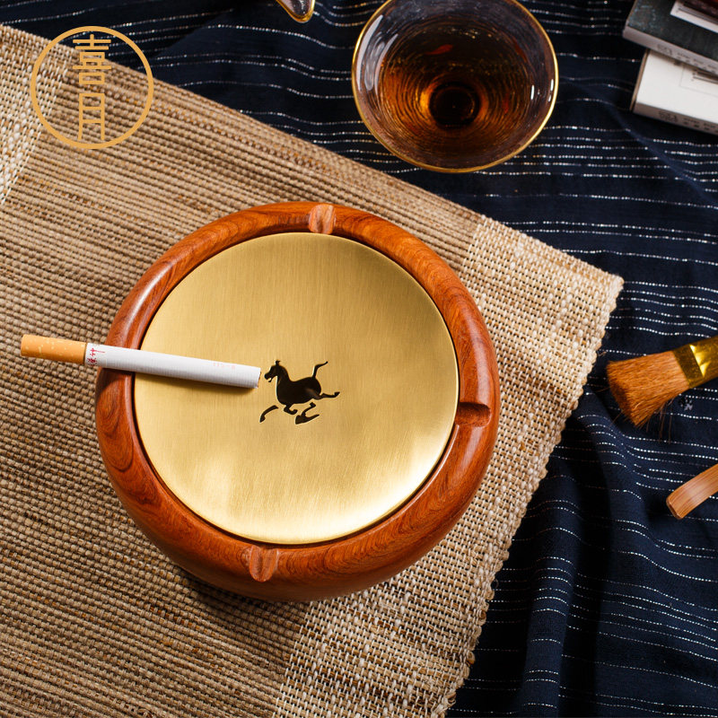 Happy Moon Invisible Tobacco Ash Ash Trays New Chinese Pure Copper Brass Red Wood Solid Wood With Lid Creative Living Room Home