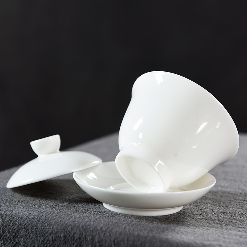 Howe auspicious white porcelain tureen kung fu tea set three cups to bowl of tea tureen large dehua biscuit firing Chinese style