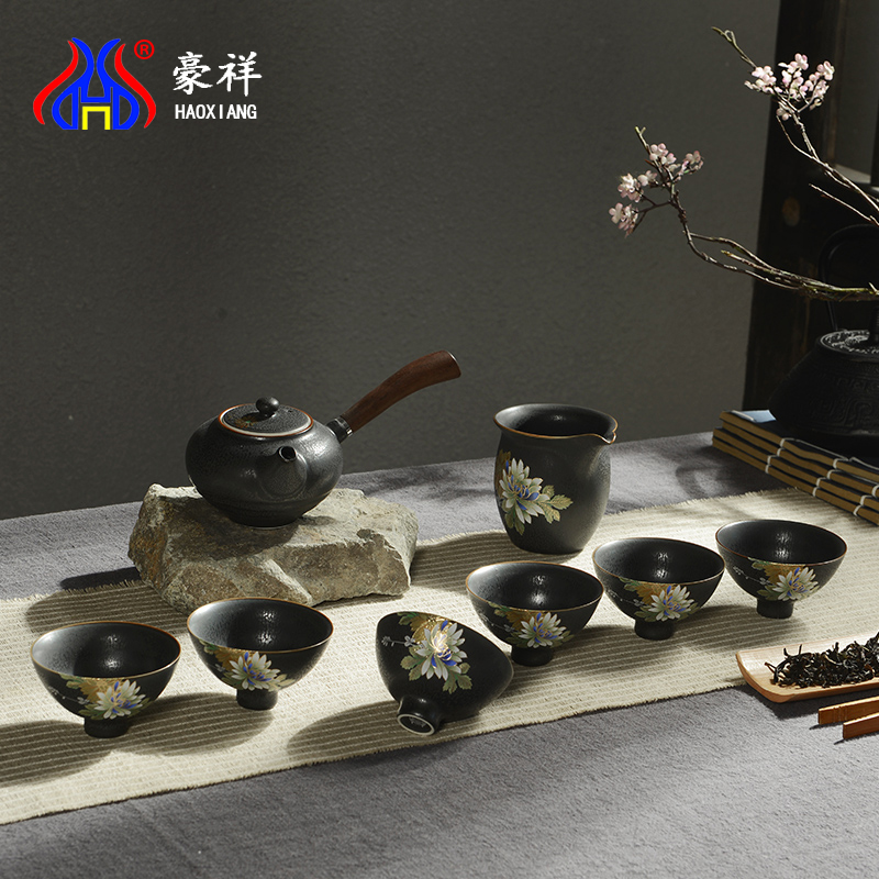 Howe cheung up crystal black glaze embossment gold elegant coagulation sweet ceramic kung fu tea set of the assembly of a complete set of coloured drawing or pattern