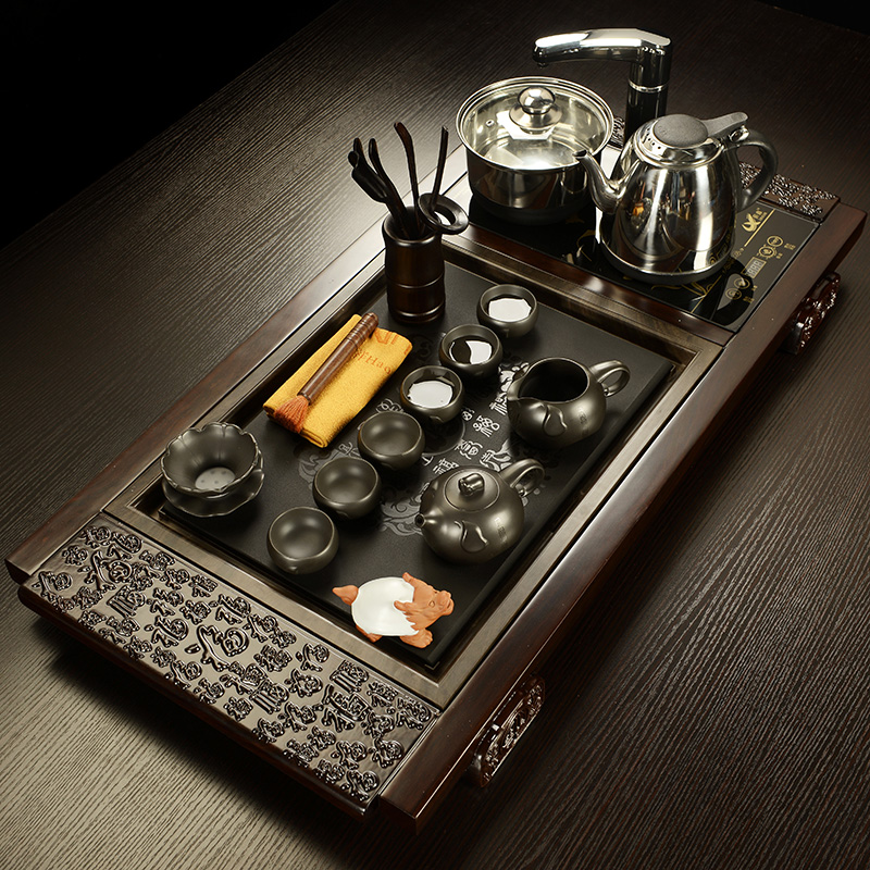 Howe auspicious ebony wood tea tray kunfu tea sea purple sand tea set four unity of a complete set of tea cups elder brother up