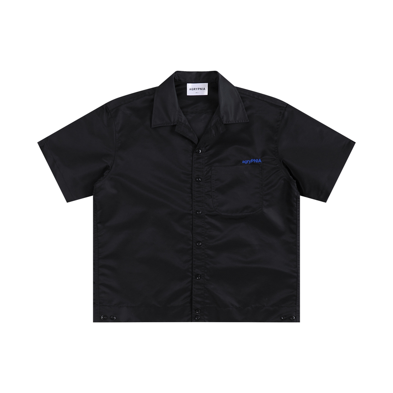 Agrypnia Embroidered Pleated Nylon Bowling Shirt with Cuban Collar, Short Sleeves, Short and Wide Boxy Fit