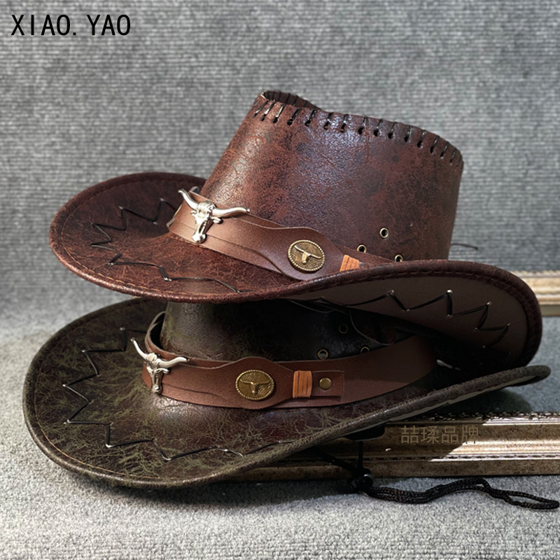 Cowhide Belt Western Cowboy Hat for Men and Women Spring, Summer and Autumn Outdoor Travel Photography Sun Hat Pu Imitation Leather Jazz Hat