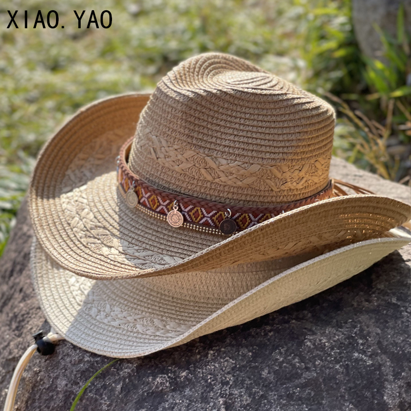 Tibetan Jazz Straw Hat for Women, Summer Beach Vacation Sun Hat, Western Cowboy Hat for Men, Riding Hat