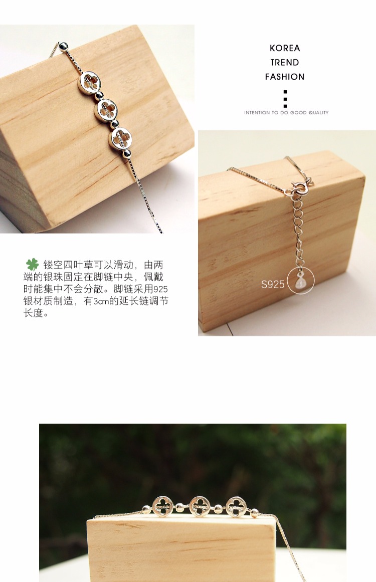 Vòng chân cỏ ba lá tươi rỗng, vòng ba vòng phiên bản Hàn Quốc đơn giản của dây chuyền mắt cá chân siêu sinh viên bằng bạc 925 sterling vòng chân phong cách tây âu