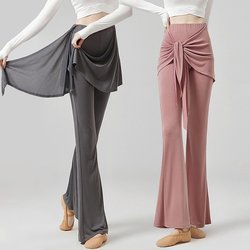 현대 댄스 엉덩이 커튼 여성 슬림 가짜 두 피스 클래식 댄스 마이크로 플레어 바지 중국 댄스 바디 트레이닝 바지 라틴 댄스