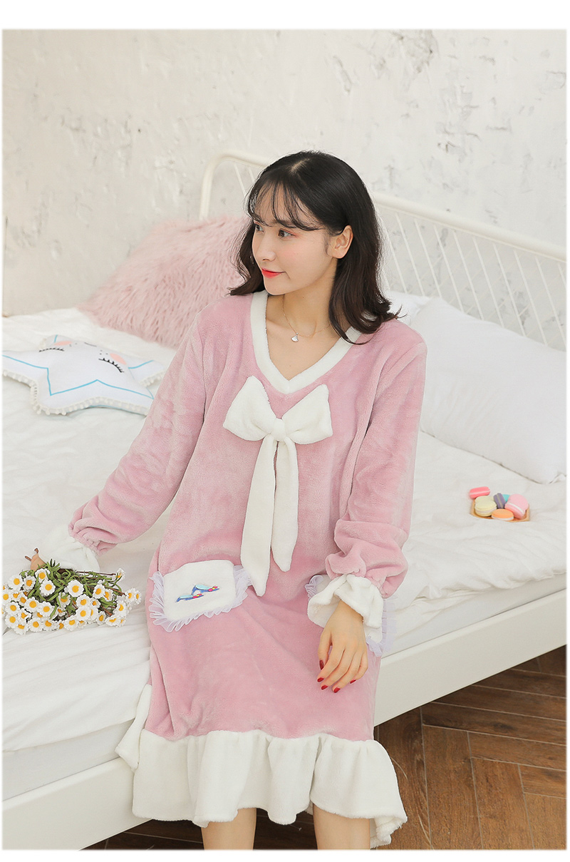 Phiên bản Hàn Quốc ngọt ngào dài cộng với váy flannel nữ mùa thu và mùa đông công chúa gió san hô váy lông cừu dày đồ ngủ kiểu đầm đẹp