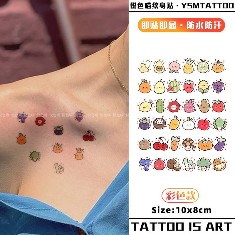 Fruit and Vegetable Small Pattern Colorful Tattoo Stickers, Waterproof and Long-Lasting, for Arms and Collarbones, Personalized Dopamine Color Art Stickers