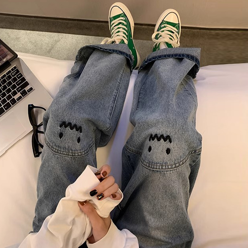 Pregnant Woman Broadlegged Pants Spring Autumn 2023 New High Waist Display Slim Retro Smiley Face Blue Wash Up More Loose Jeans-Taobao