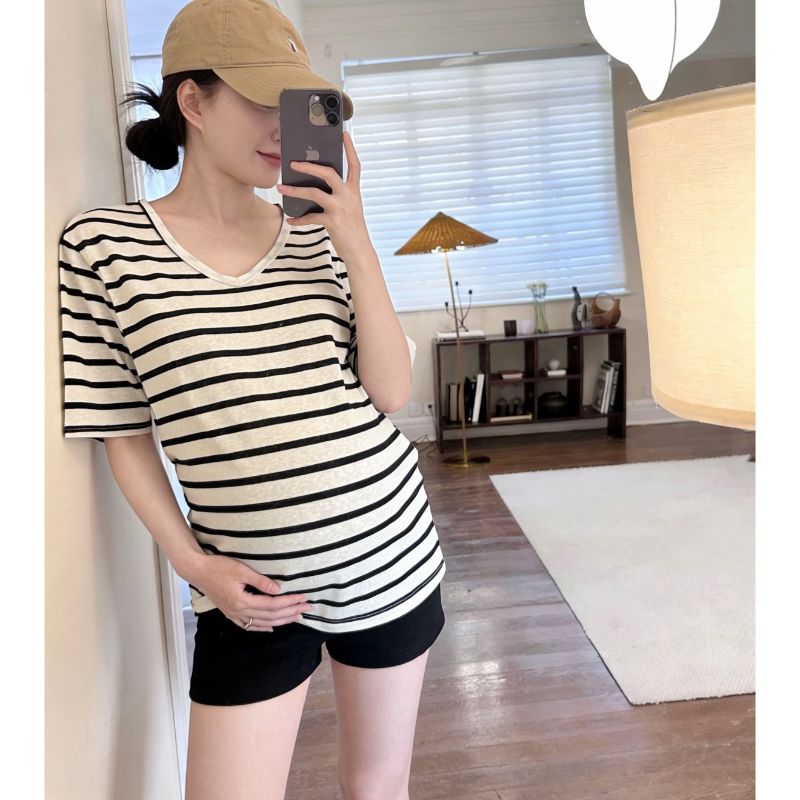 Maternity Short-Sleeve Summer Thin V-Neck Slimming Striped Snowflake Cotton Loose Casual Outerwear Clavicle T-Shirt Maternity Short-Sleeve Summer Thin V-Neck Slimming Striped Snowflake Cotton Loose Casual Outerwear Clavicle T-Shirt
