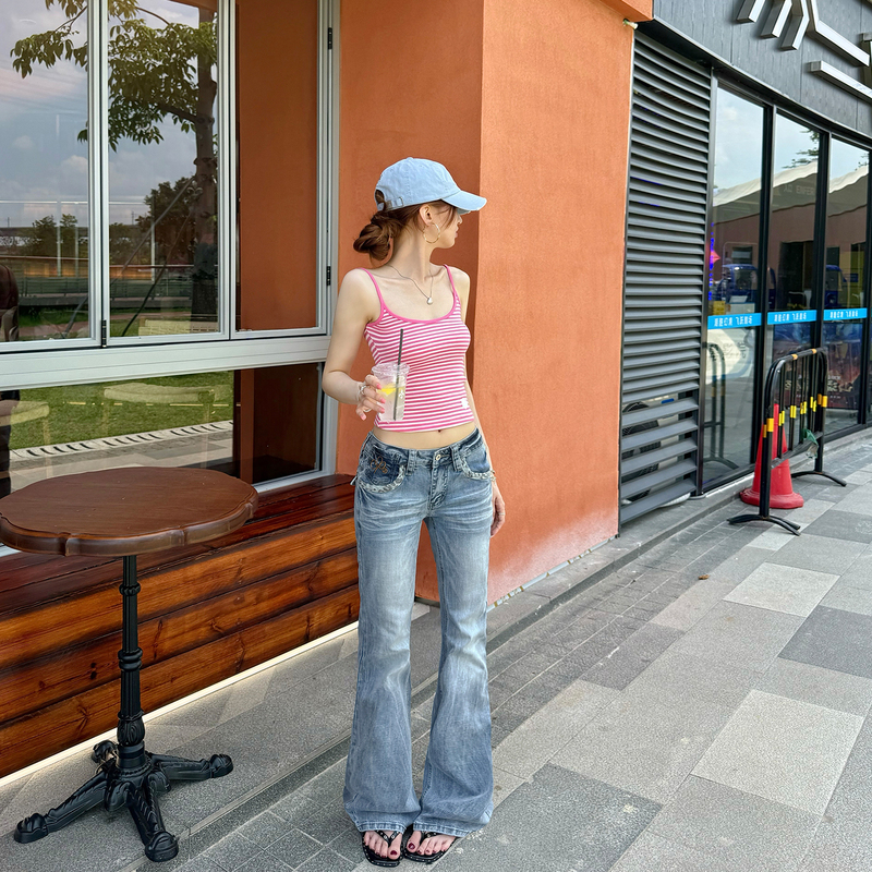 Tgxq Leopard Print Sequin 1.0 Patchwork Washed Jeans for Women 2026 New American Style Low Waist Flared Pants