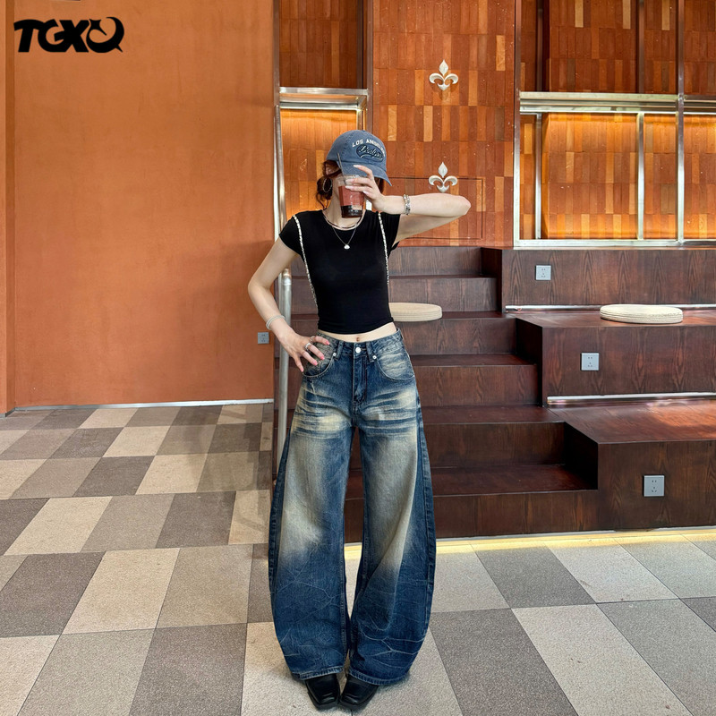 Tgxq American-Style Scimitar Jeans for Women 2026 New Retro Hot Girl Distressed Wrinkled Slub Pattern Loose Wide-Leg Pants Tgxq American-Style Scimitar Jeans for Women 2026 New Retro Hot Girl Distressed Wrinkled Slub Pattern Loose Wide-Leg Pants