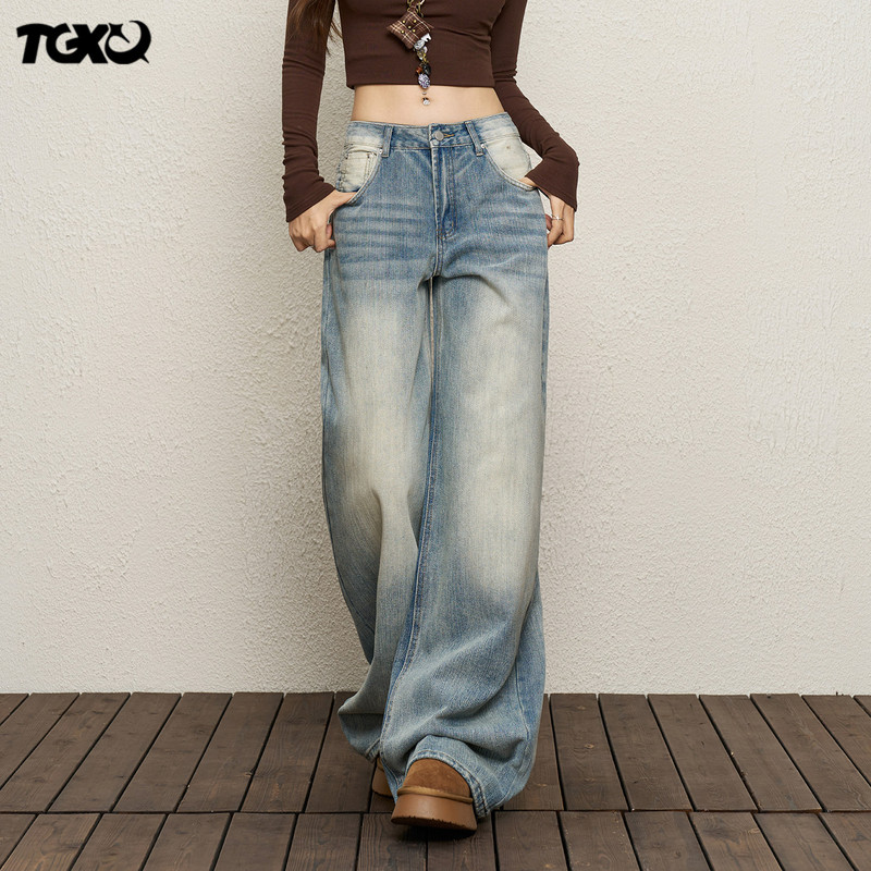 Tgxq Bamboo Pattern Light Blue Washed Jeans for Women 2026 New American Style Loose Floor-Length High-Waisted Wide-Leg Pants Tgxq Bamboo Pattern Light Blue Washed Jeans for Women 2026 New American Style Loose Floor-Length High-Waisted Wide-Leg Pants