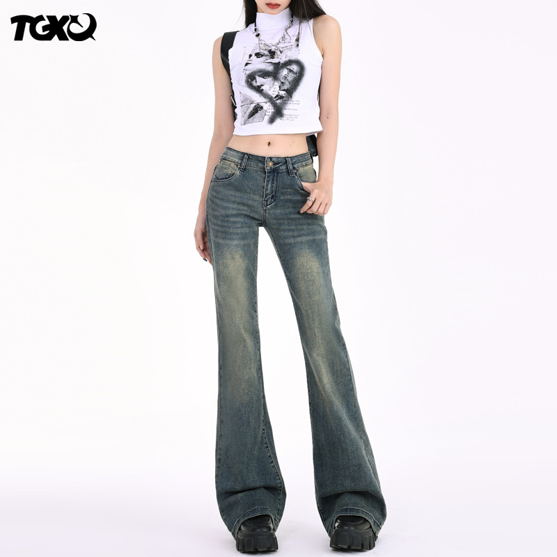 女性用レトロフレアジーンズ 2024 秋冬新作 ベルベット ホットガール 伸縮性 小さめ ローウエスト フレアパンツ