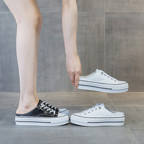 Big new recommendation ~ heelless half-support summer shoes with elastic straps lazy one-legged leather thick-soled toe-cap half slippers
