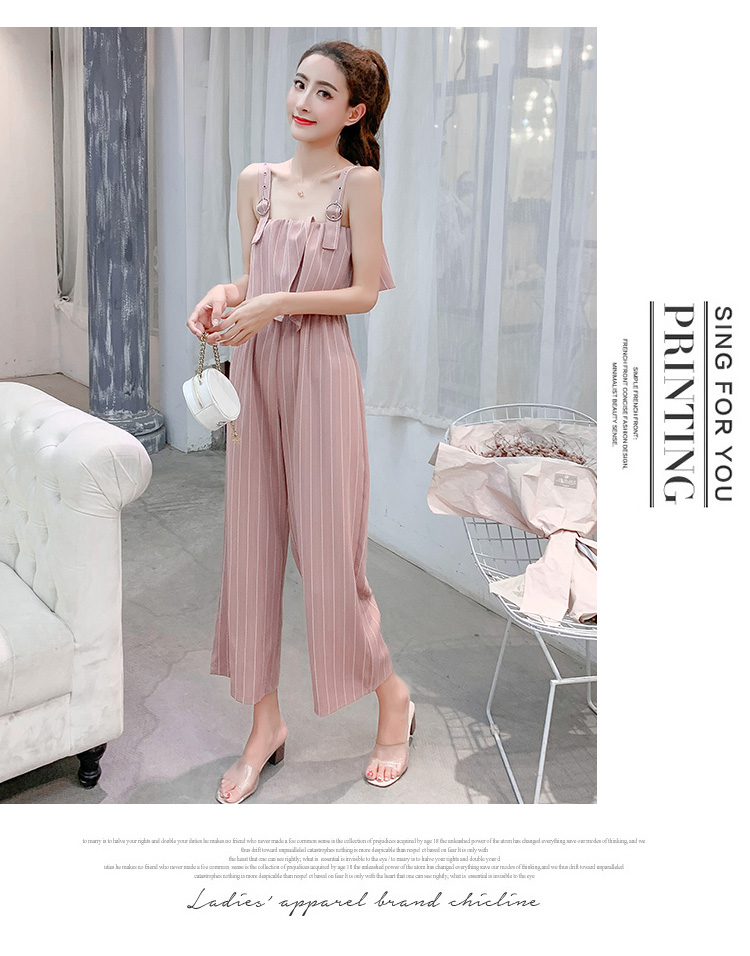 VK旗艦店 韓系時尚露肩條紋寬口褲連身褲套裝無袖褲裝