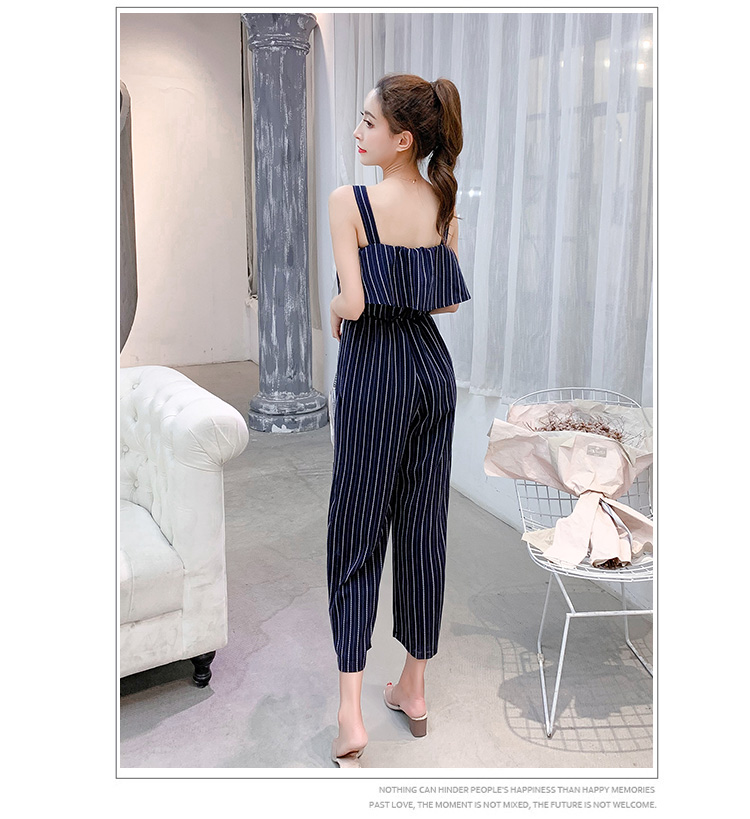 VK旗艦店 韓系時尚露肩條紋寬口褲連身褲套裝無袖褲裝