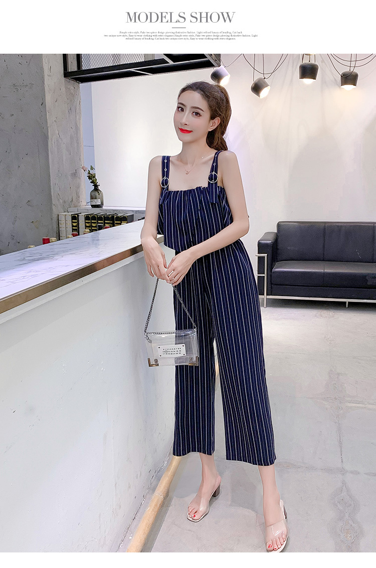 VK旗艦店 韓系時尚露肩條紋寬口褲連身褲套裝無袖褲裝