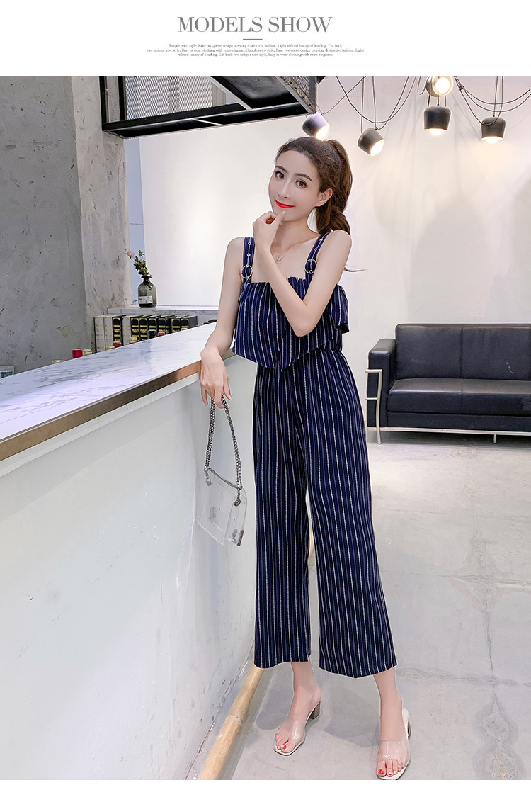 VK旗艦店 韓系時尚露肩條紋寬口褲連身褲套裝無袖褲裝