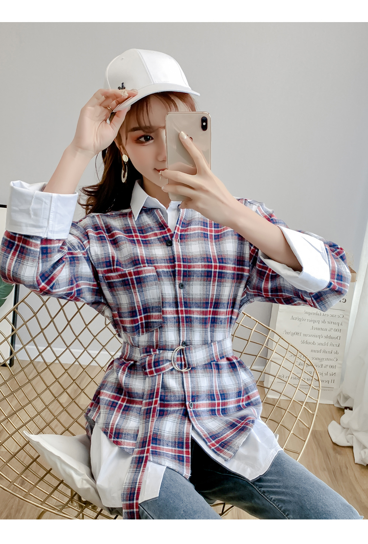 VK旗艦店 韓系格紋拼接假兩件收腰系帶襯衫長袖上衣