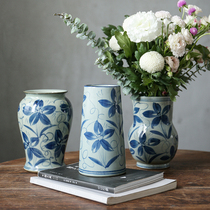 Hand-painted blue and white porcelain vase Chinese living room flower arrangement rough pottery retro flowers Zen ceramic flower utensils Jingdezhen